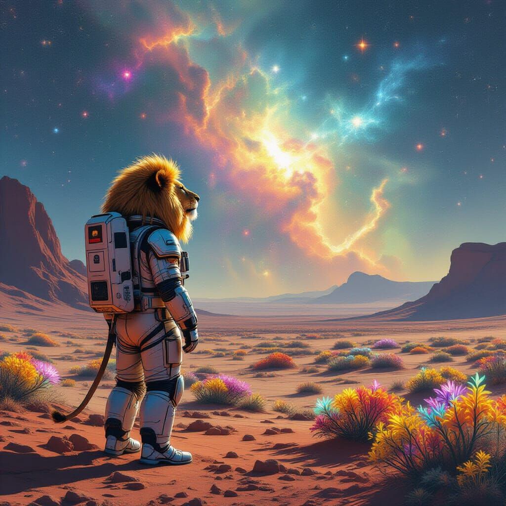 Lion Astronaut Gazing at Nebula on Alien Planet