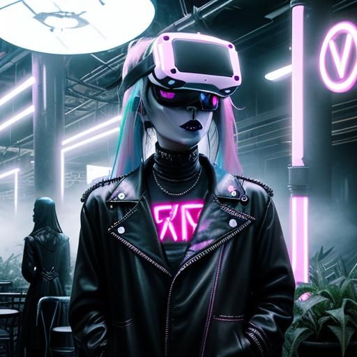 Gothic Coffee Shop with Neon Lights and VR