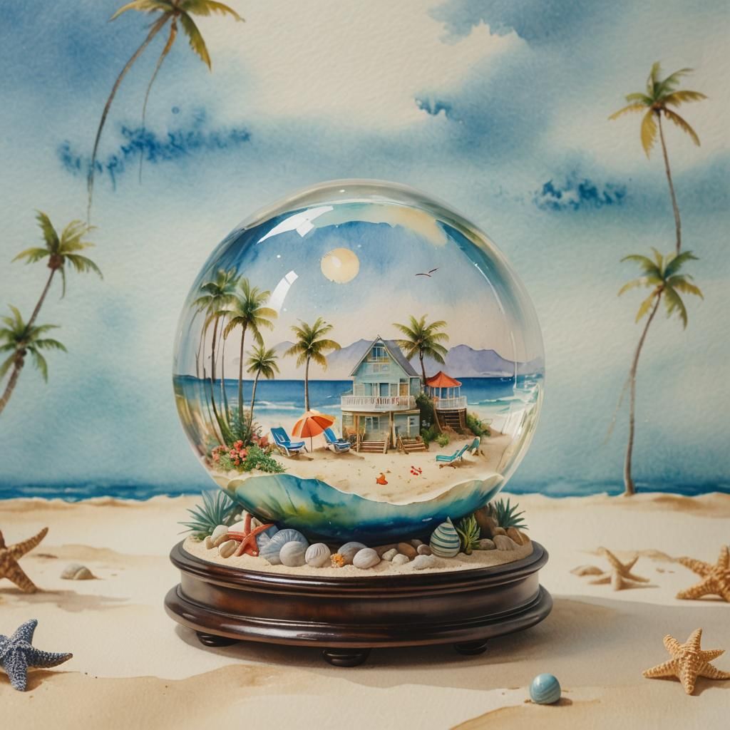 Watercolor Glass Globe with Miniature Beach Scene