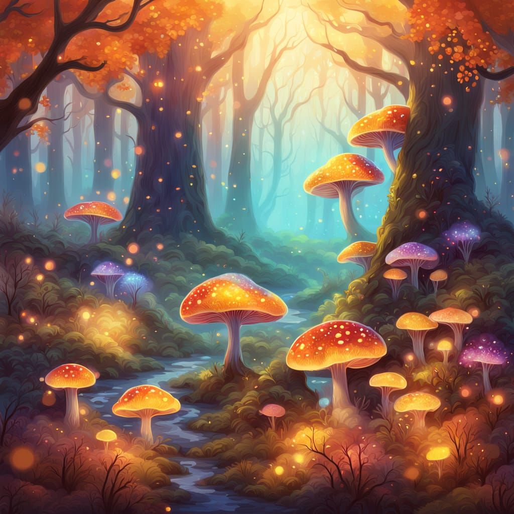 Whimsical Autumn Forest with Glowing Fungi and Ethereal Mist