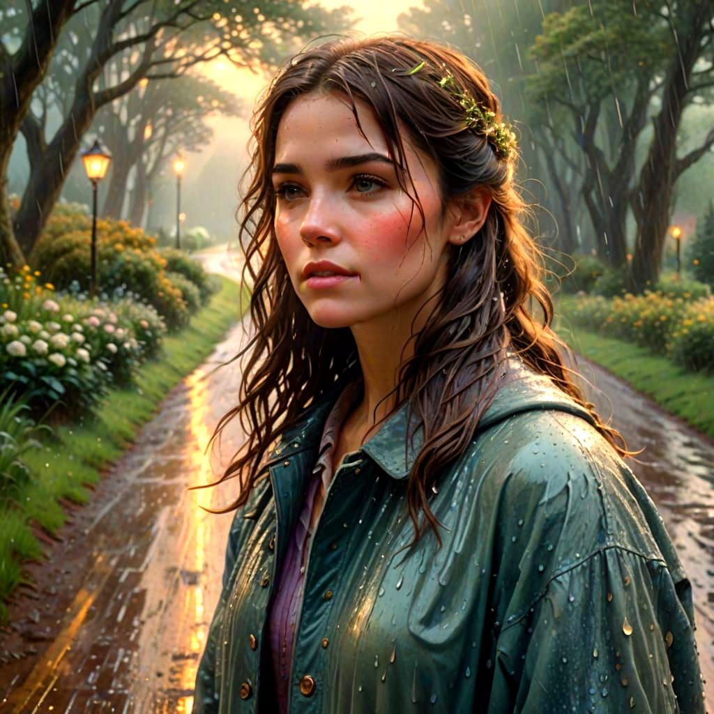 Dreamy Countryside Girl Walking in the Rain