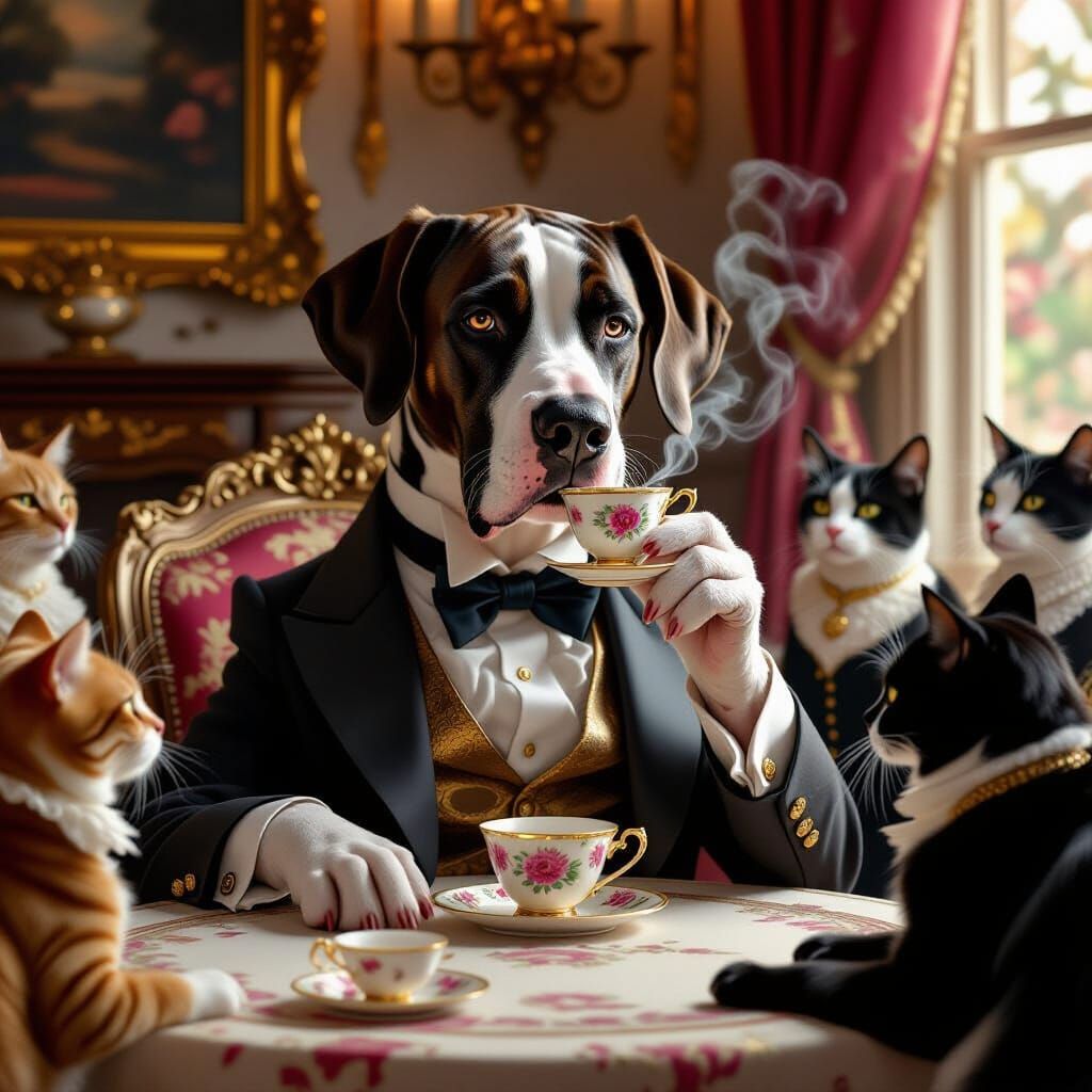 Great Dane Monocle Tea Party in Kinkade Style