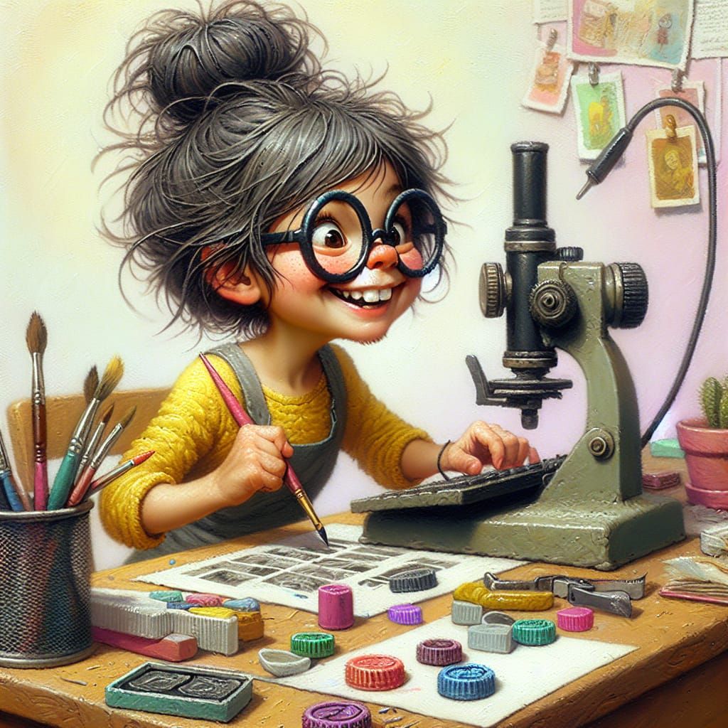 Oil Painting of Woman Crafting at Desk with Airbrush