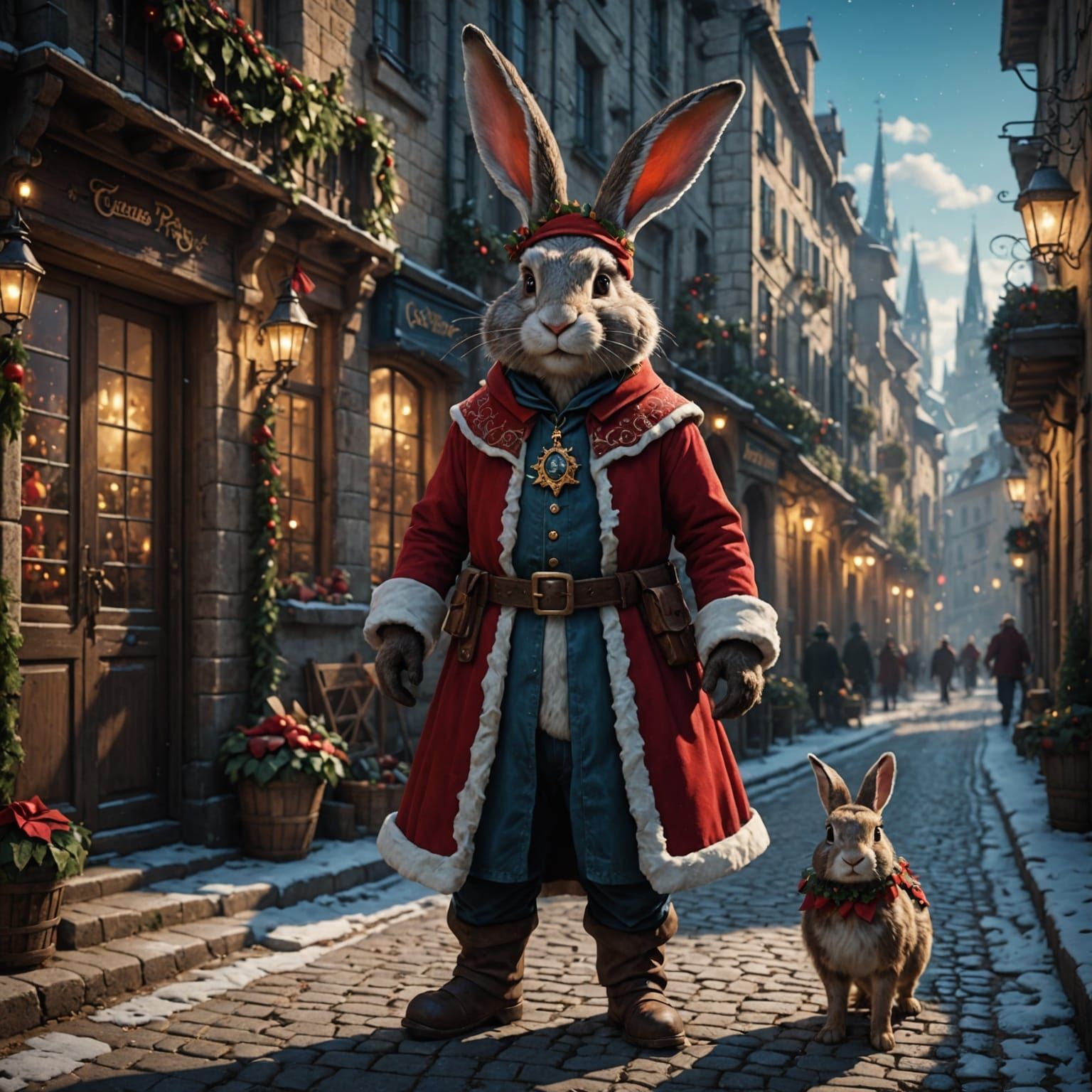 Festive Rabbit Santa Claus in France, Detailed Matte Paintin...