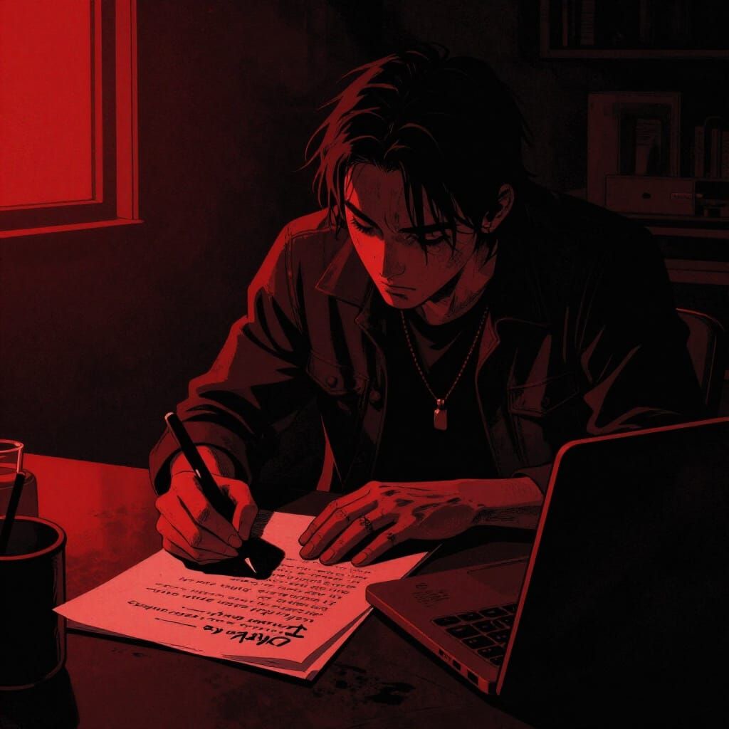 Urban Artist Writing Lyrics in Red and Black Neo-Noir Style