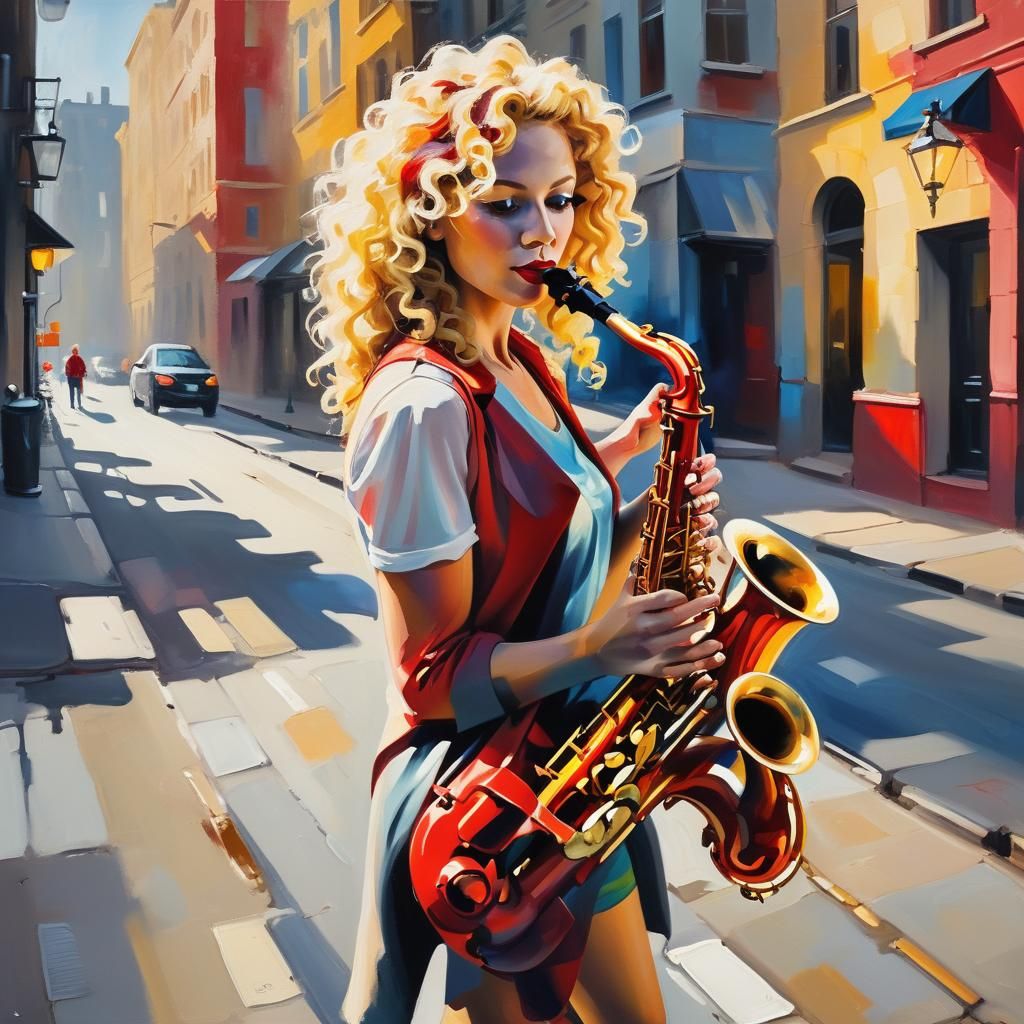 Blond Girl Plays Saxophone: Vibrant Impasto Oil Painting