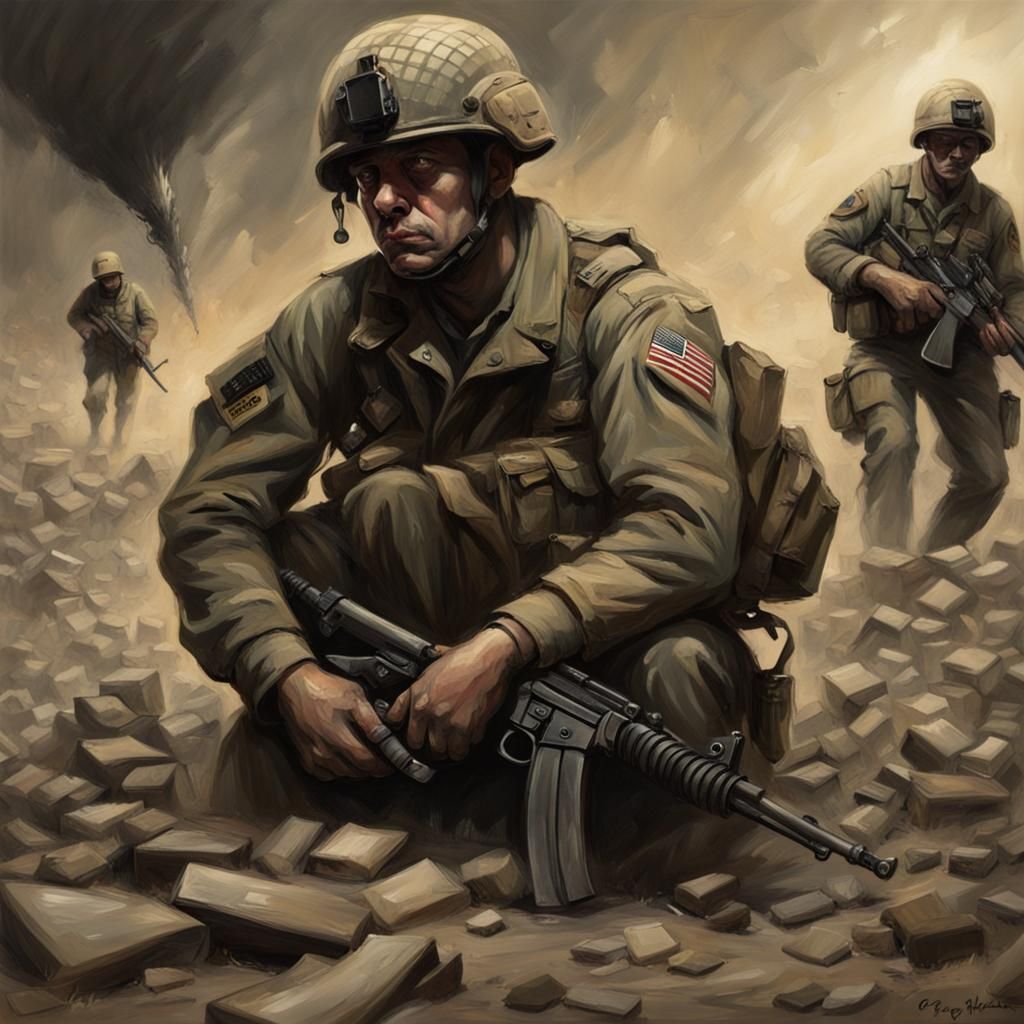 PTSD-Stricken Soldier in a Grim Battlefield