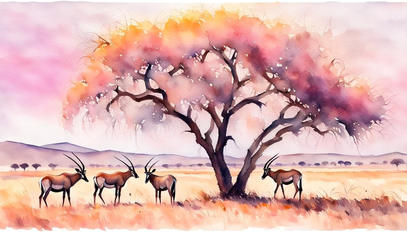 Gemsbok Under Thorn Tree: Impressionist Watercolor Triptych