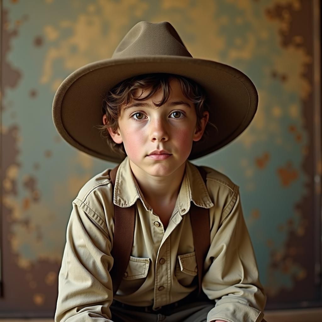 Boy in Akubra Hat with 80s Laser Background
