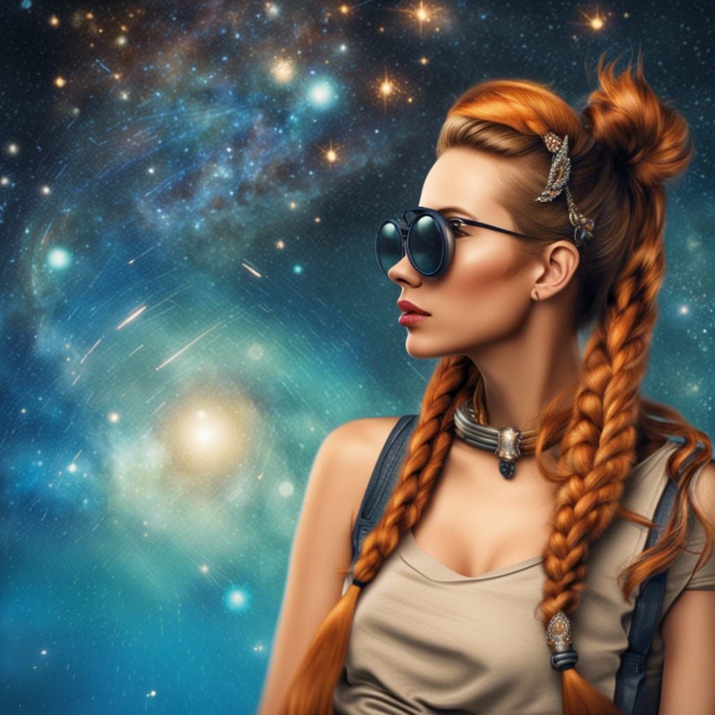 Woman Stargazing with Binoculars, Mixed Media Illustration