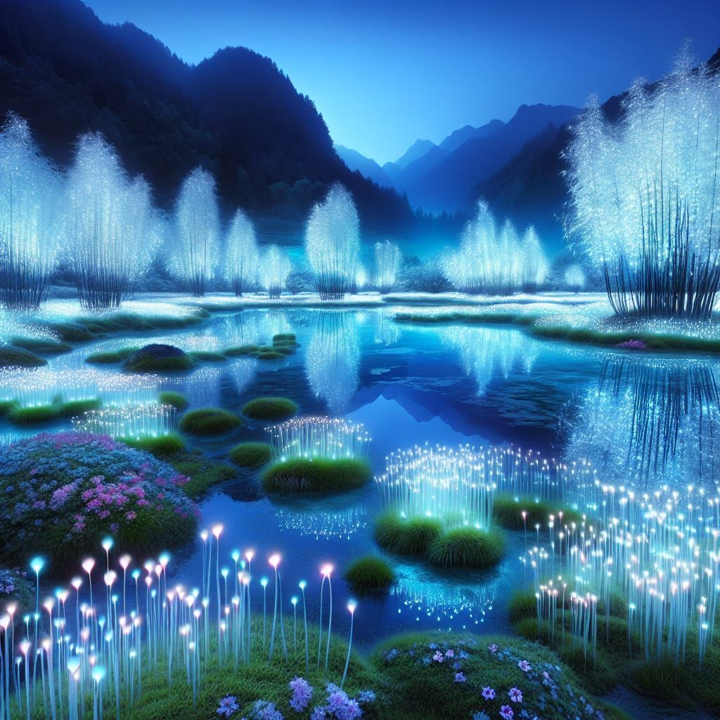Lake in Ethereal Blue Glow with Radiant Moss and Vibrant Flo...