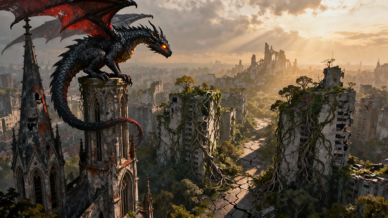 Ancient Dragon Overlooks Ruined City at Sunset