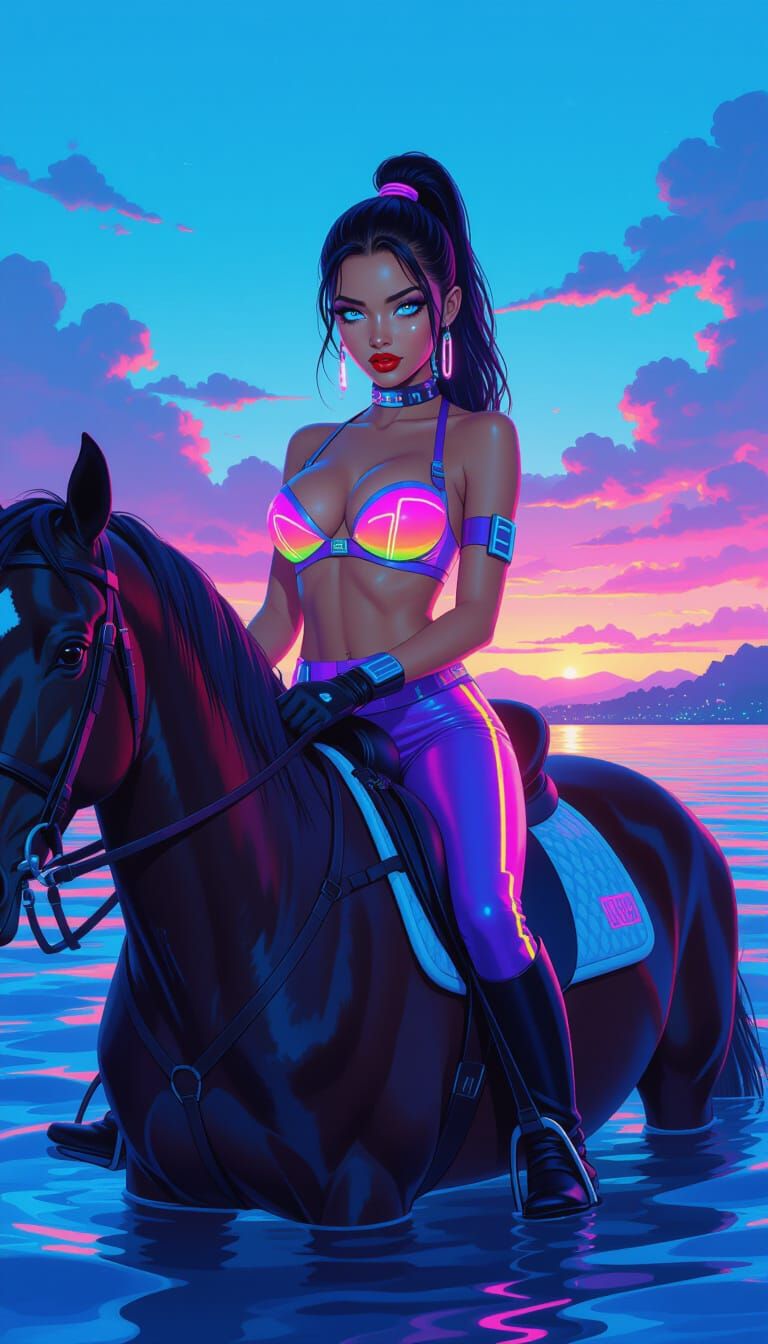 Neon Girl on Horse in Cyberpunk Style