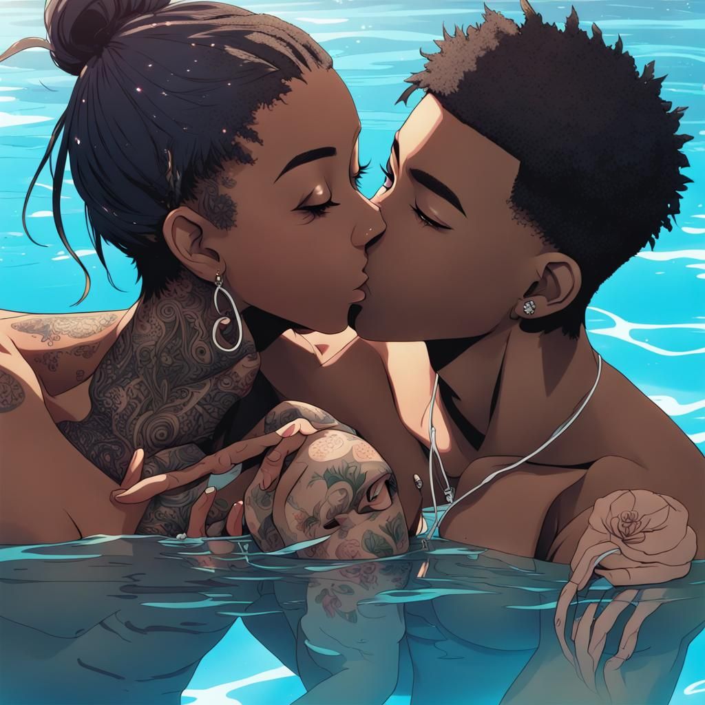 Anime-Style Black Girl Kissing Boyfriend in Pool