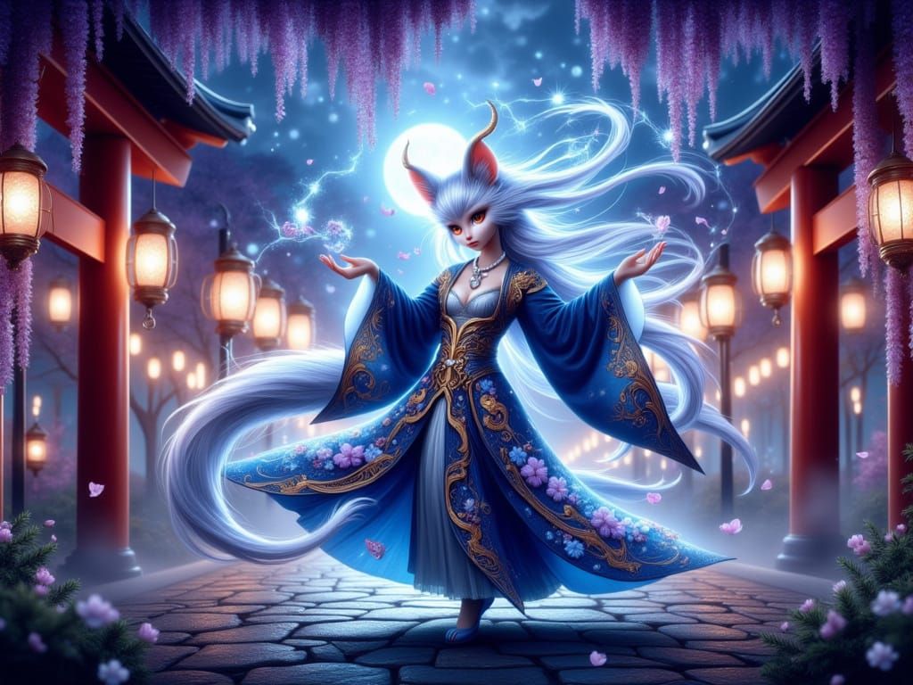 Mystical Kitsune in Azure and Gold Kimono Performs Ancient R...