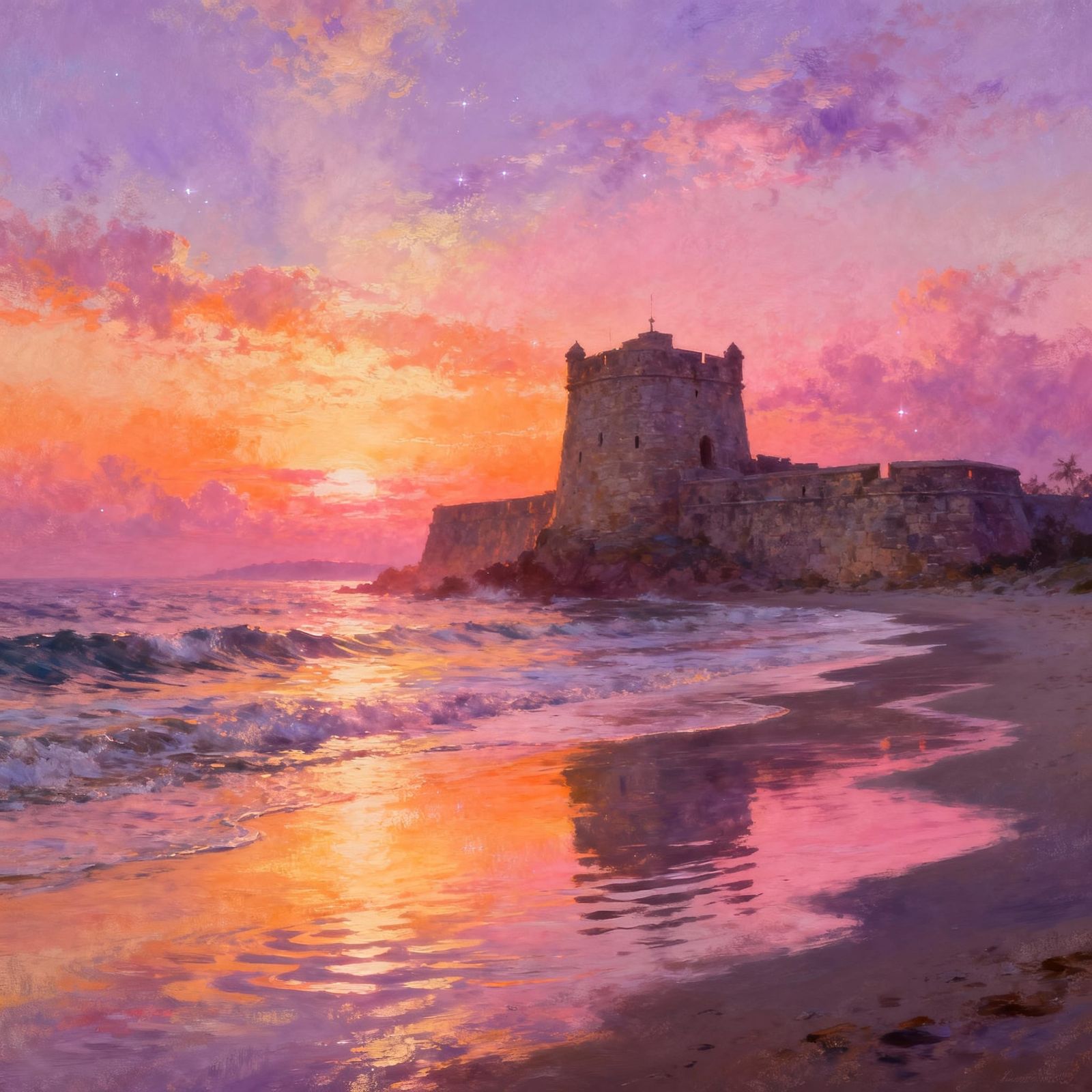 Dreamy Beach Sunset with Stone Fort Digital Matte Painting