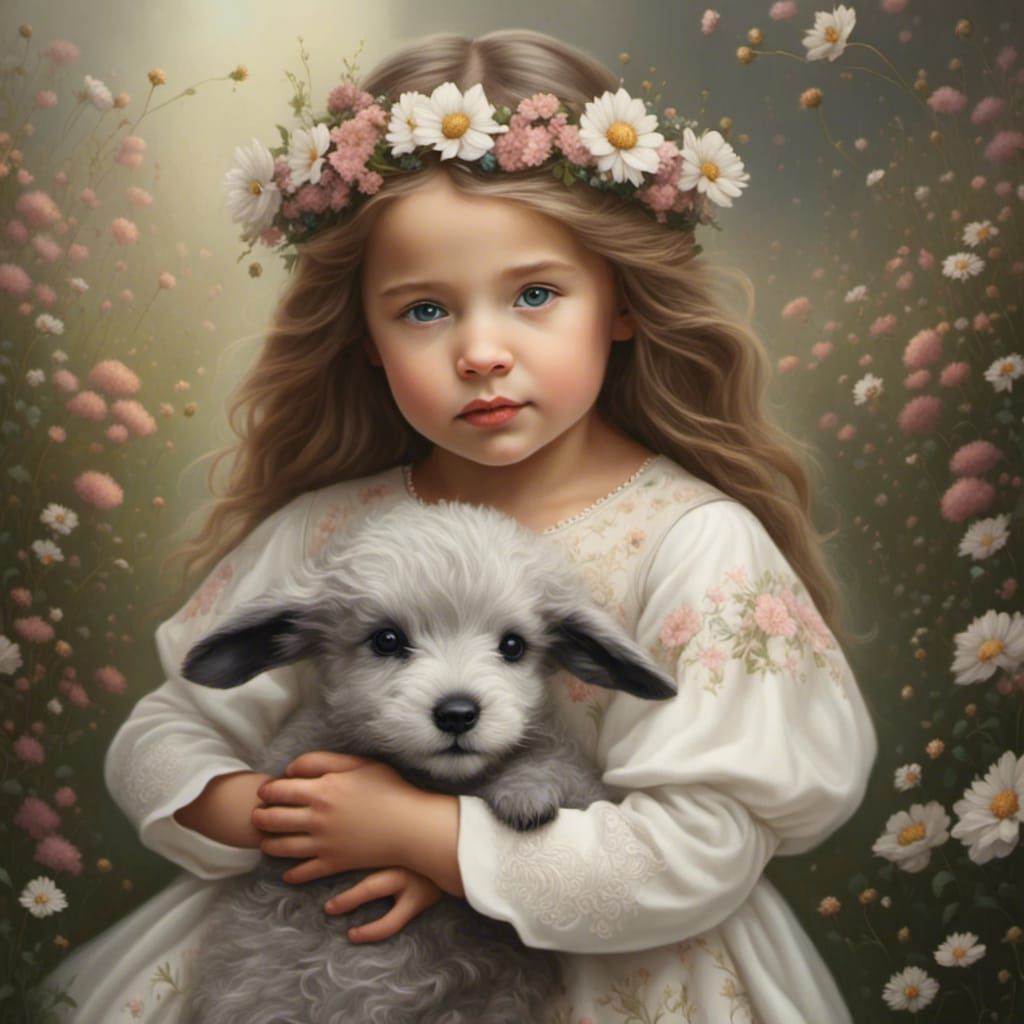 Girl Holding Baby in Floral Fantasy Style