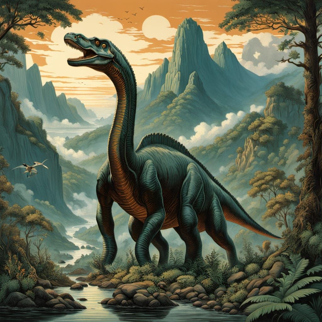 Lush Jurassic Jungle Scene with Brachiosaurus