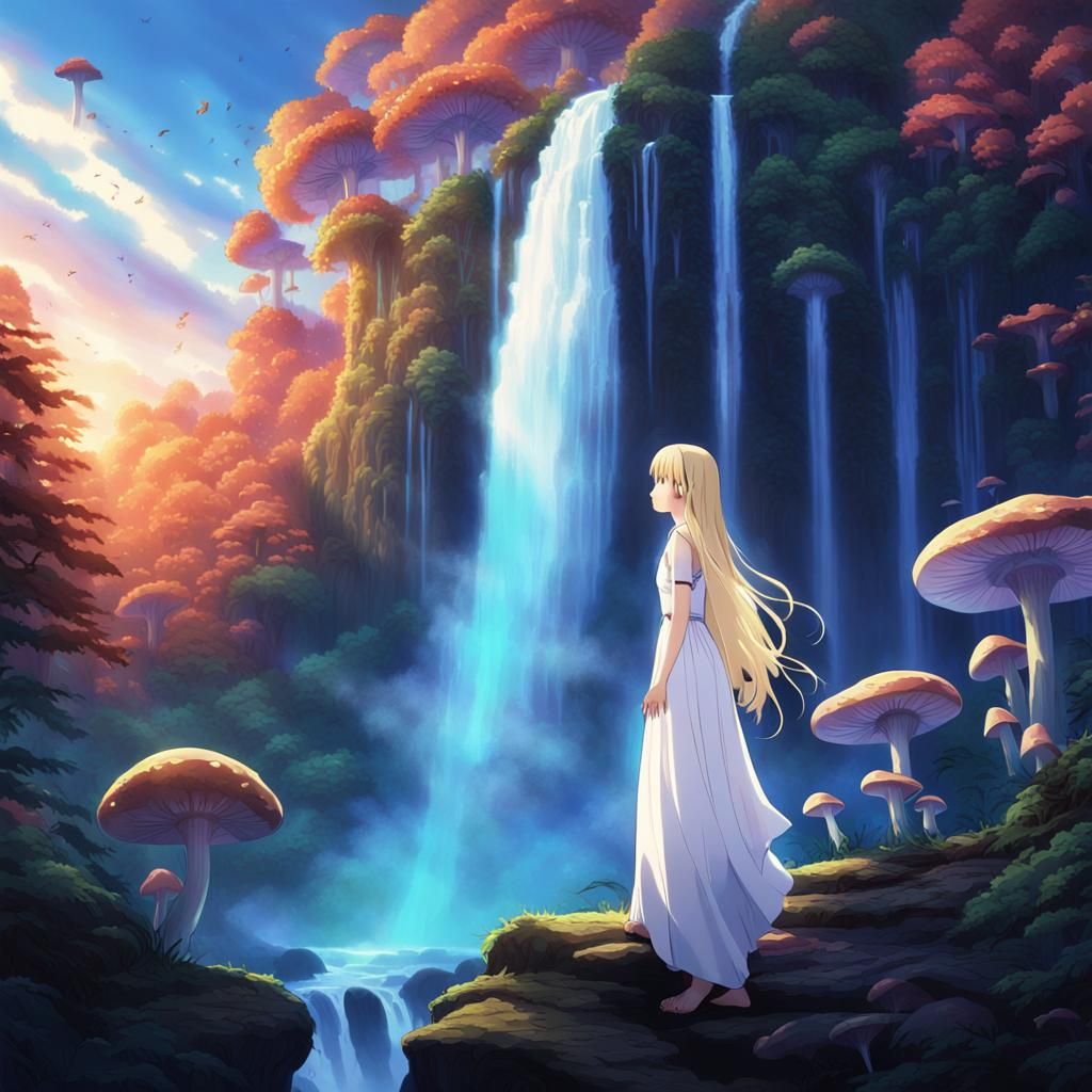 Anime Girl at Waterfall in Fantasy Landscape