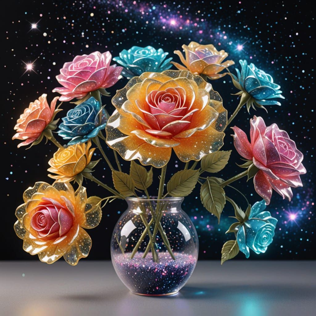 Luminescent Stardust Rose Sculpture in Vase