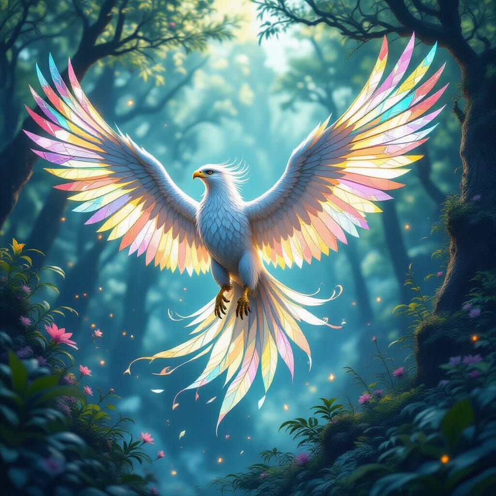 Stained Glass Griffin Soaring Over Bioluminescent Forest