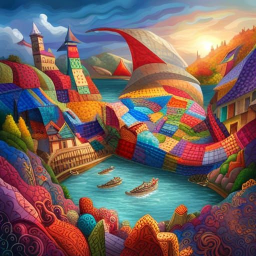 Fabric World with Patchwork Creatures and Quilt Dragon