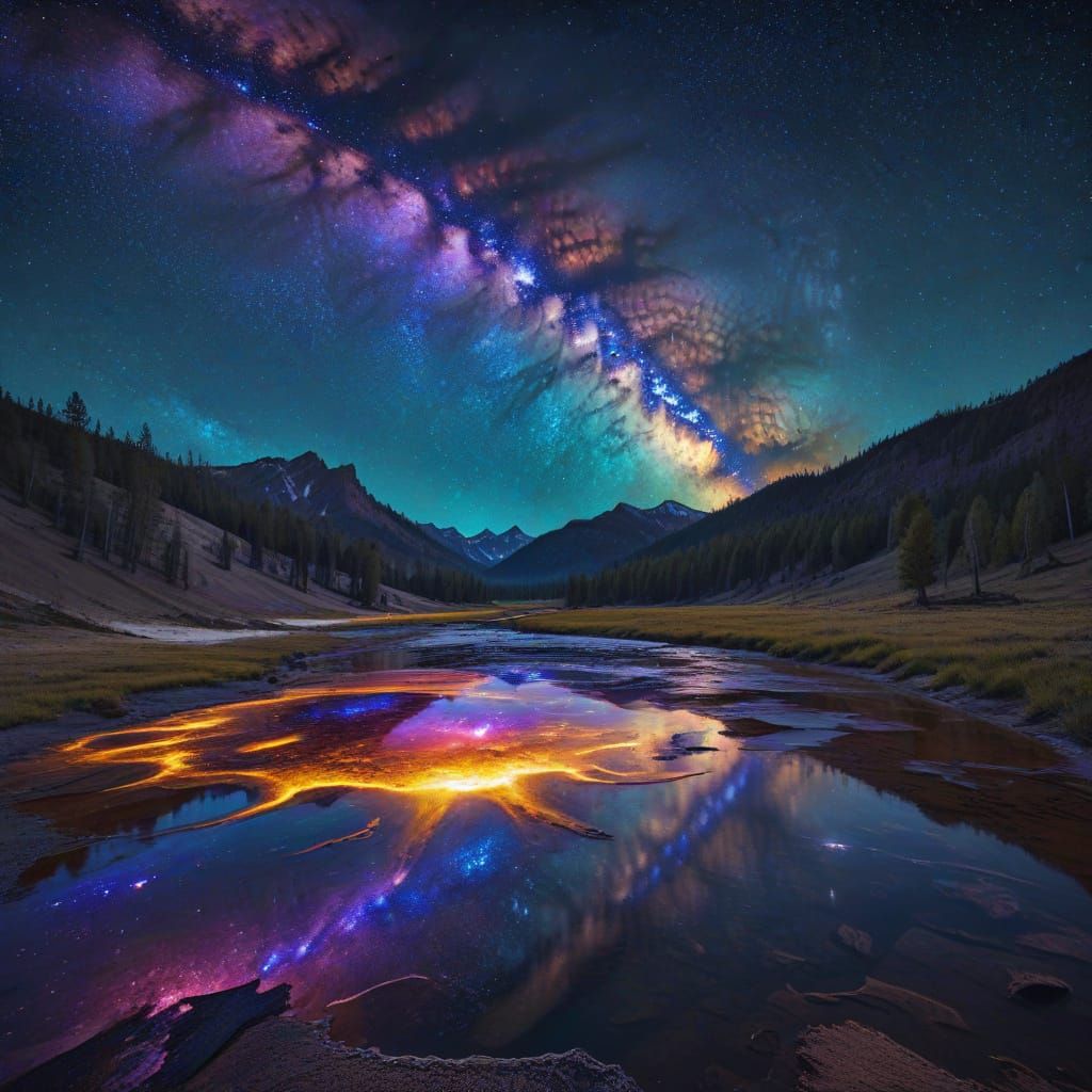 Yellowstone at Night: Cosmic Illustration in Mixed Media