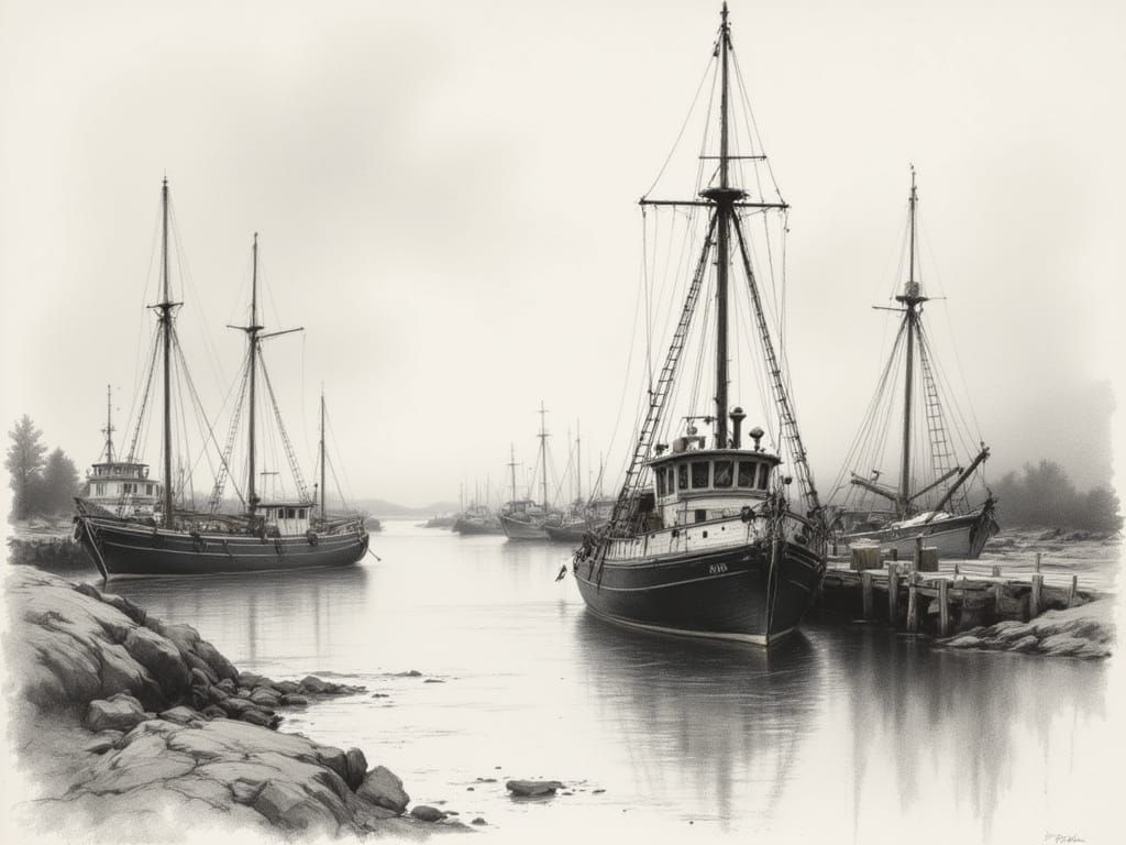 Fishing Village in Monochromatic Charcoal