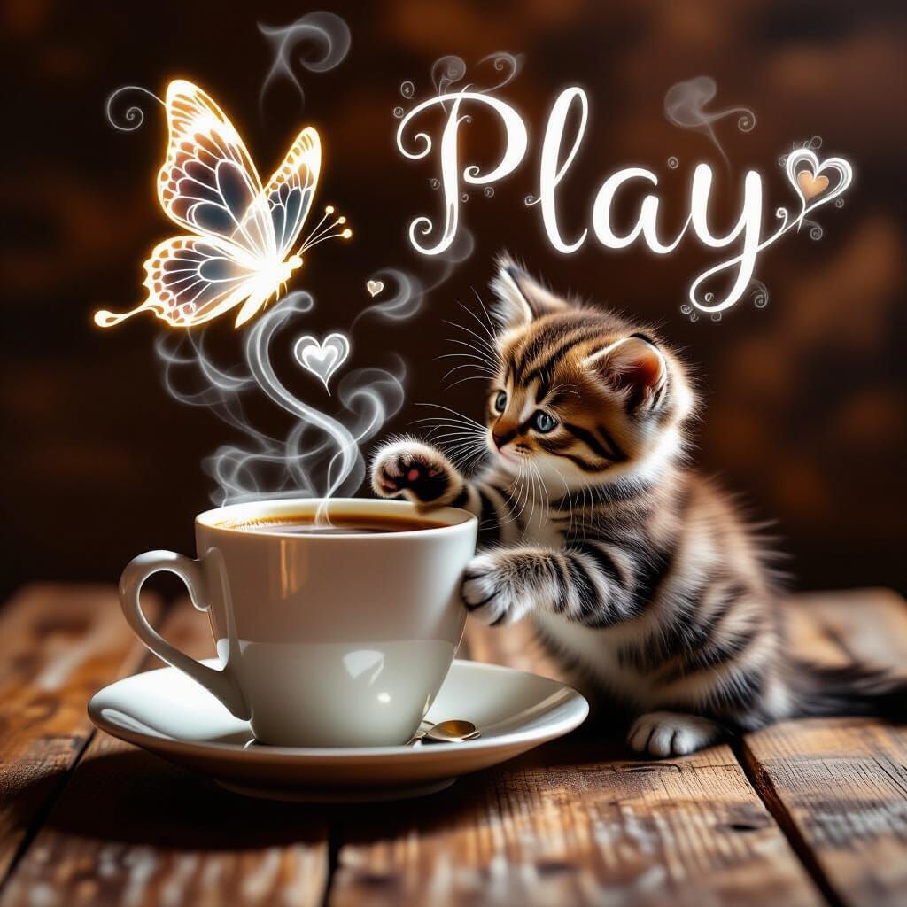 Magical Kitten Reaching for Steam Butterfly from Espresso