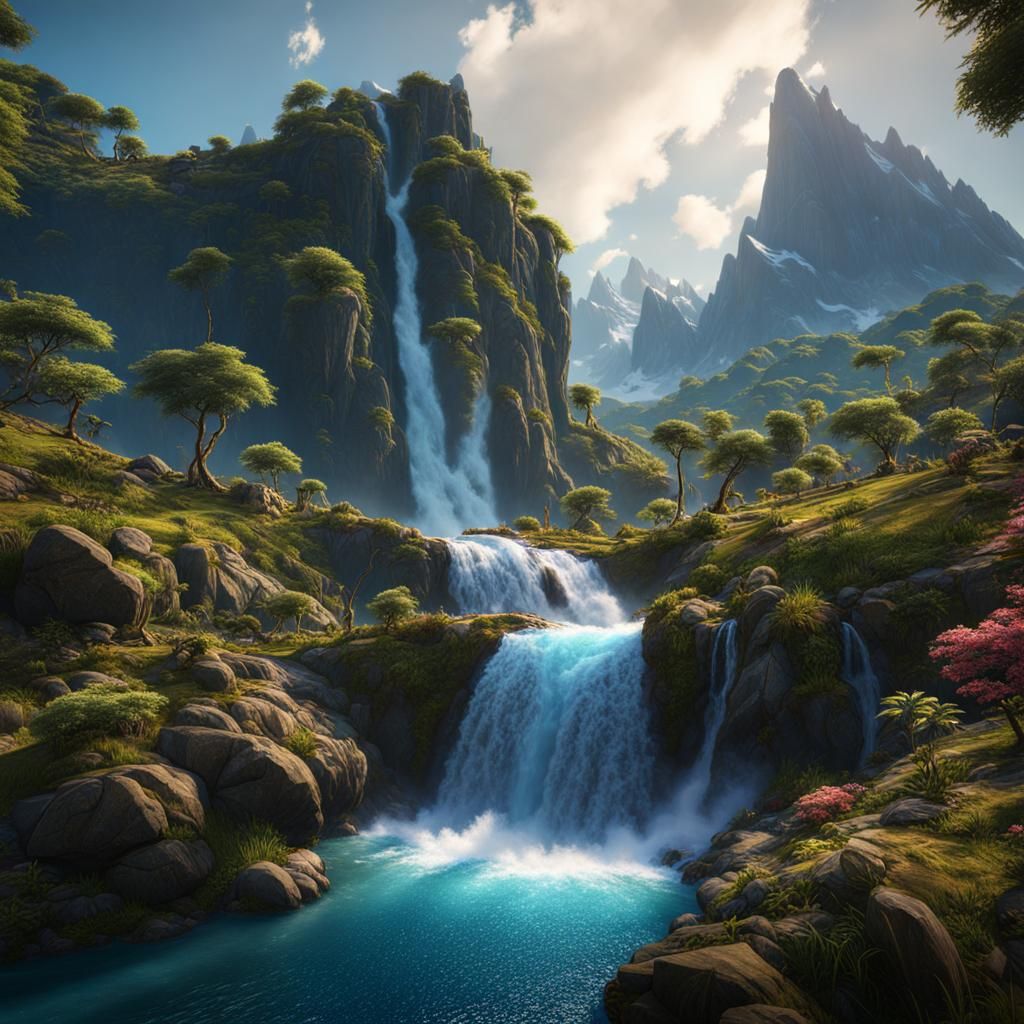 Waterfall and Mountains in Detailed Matte Painting Style