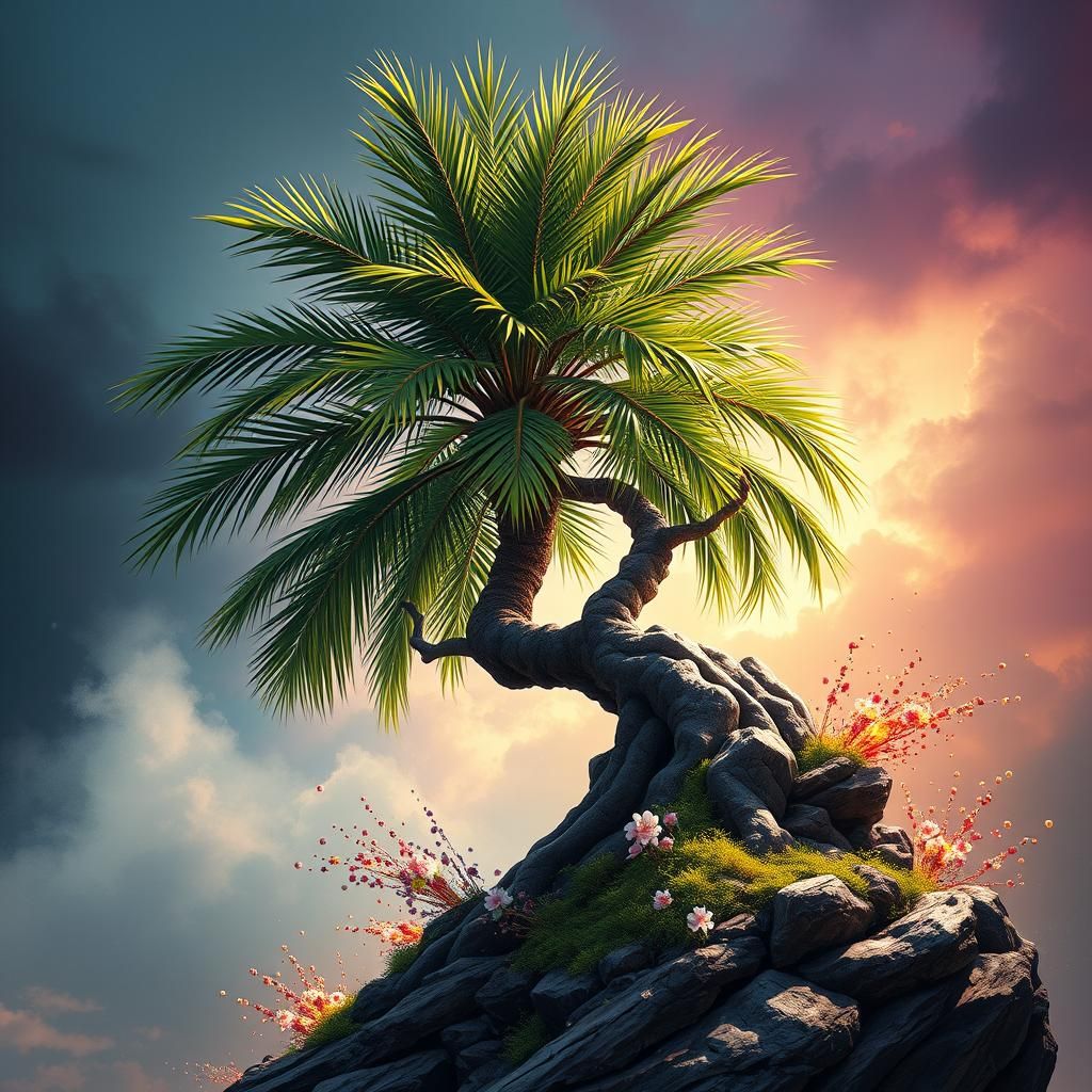 Hyperrealistic Bonsai Palm Tree Splash Art