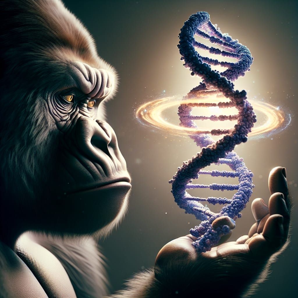 Gorilla Contemplates DNA Helix Infinity Symbol in Galaxy