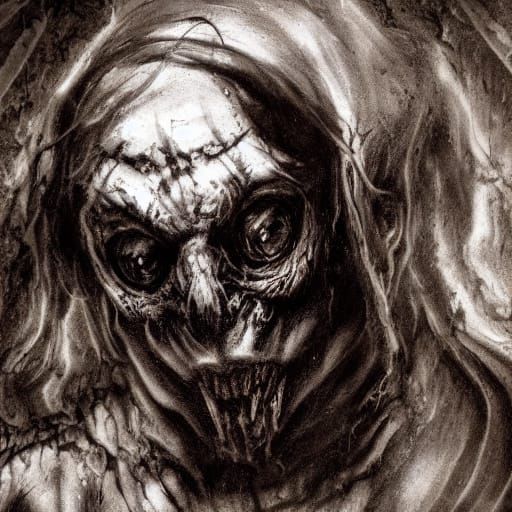 Grotesque Figure Consumes Child in Dark Expressionism