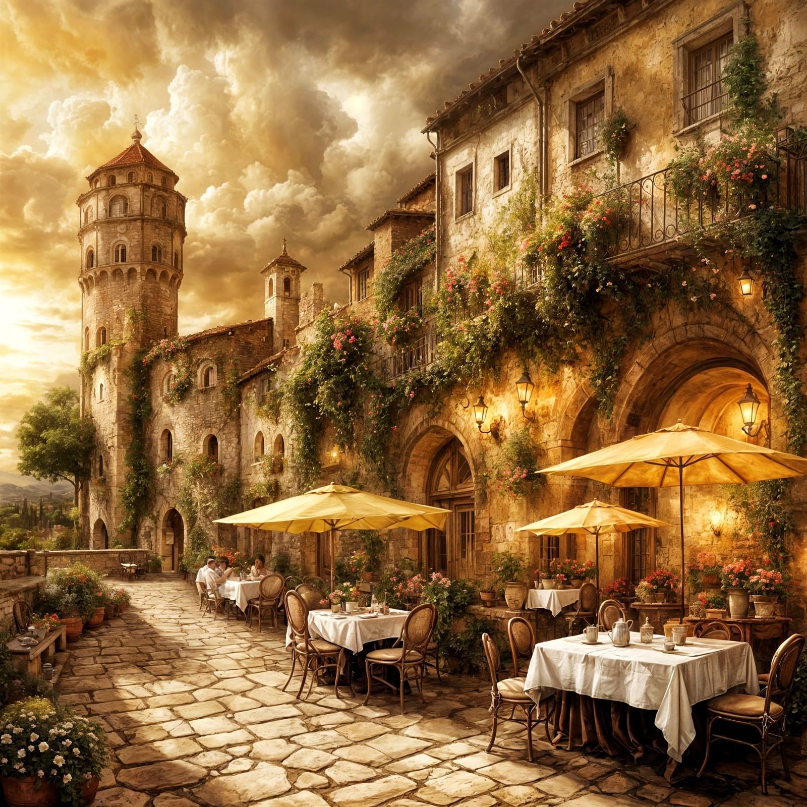 Tuscan Evening Coffee Shop With Castle