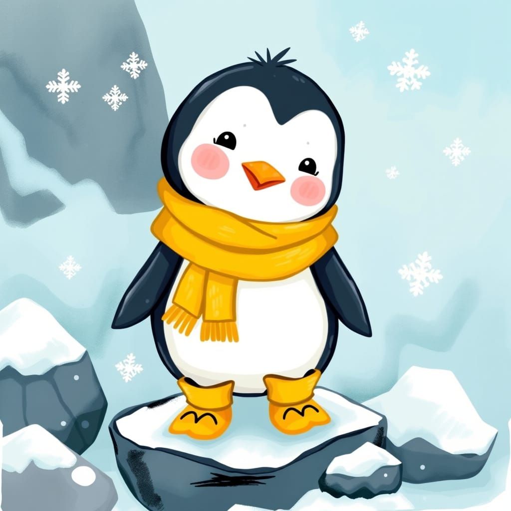 Adorable Cartoon Penguin on Ice in Whimsical Style