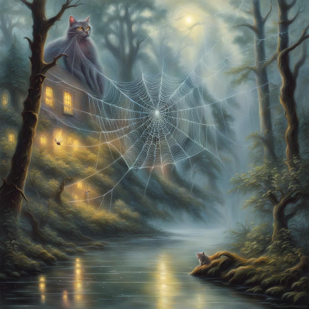Ethereal Spider Web with Cat in Forest