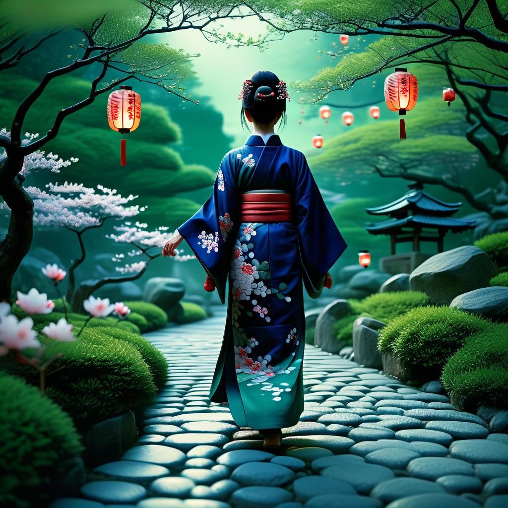 Lush Japanese Garden with Kimono Woman
