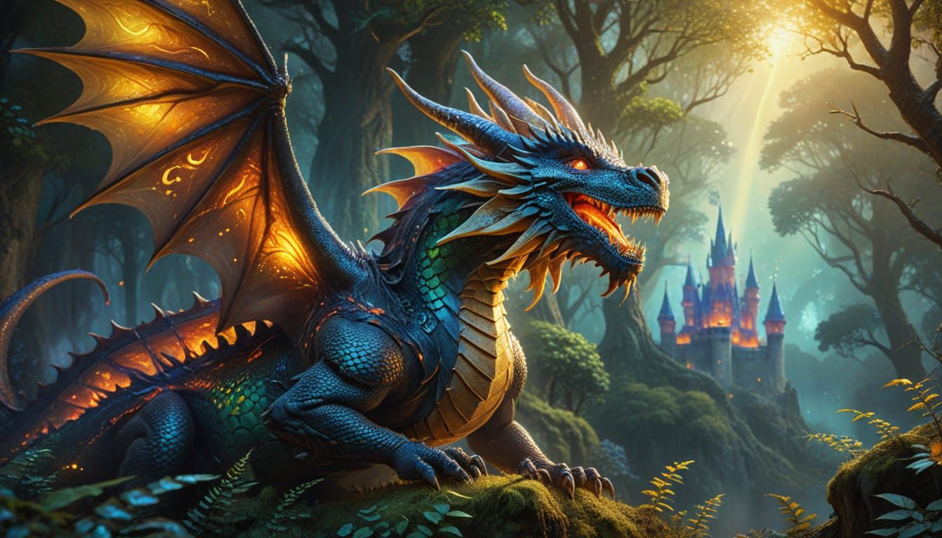 Dragon Soaring Through Magical Forest in Oil Painting