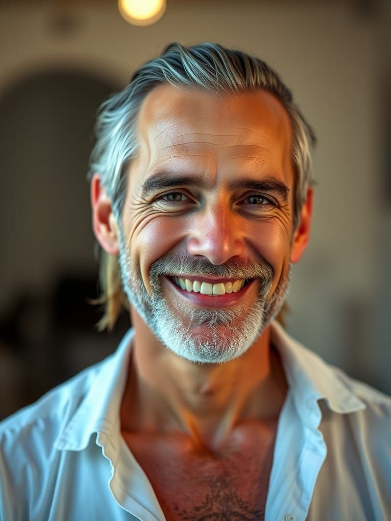 Portrait of Smiling Man with Gray Beard in Mediterranean Sty...