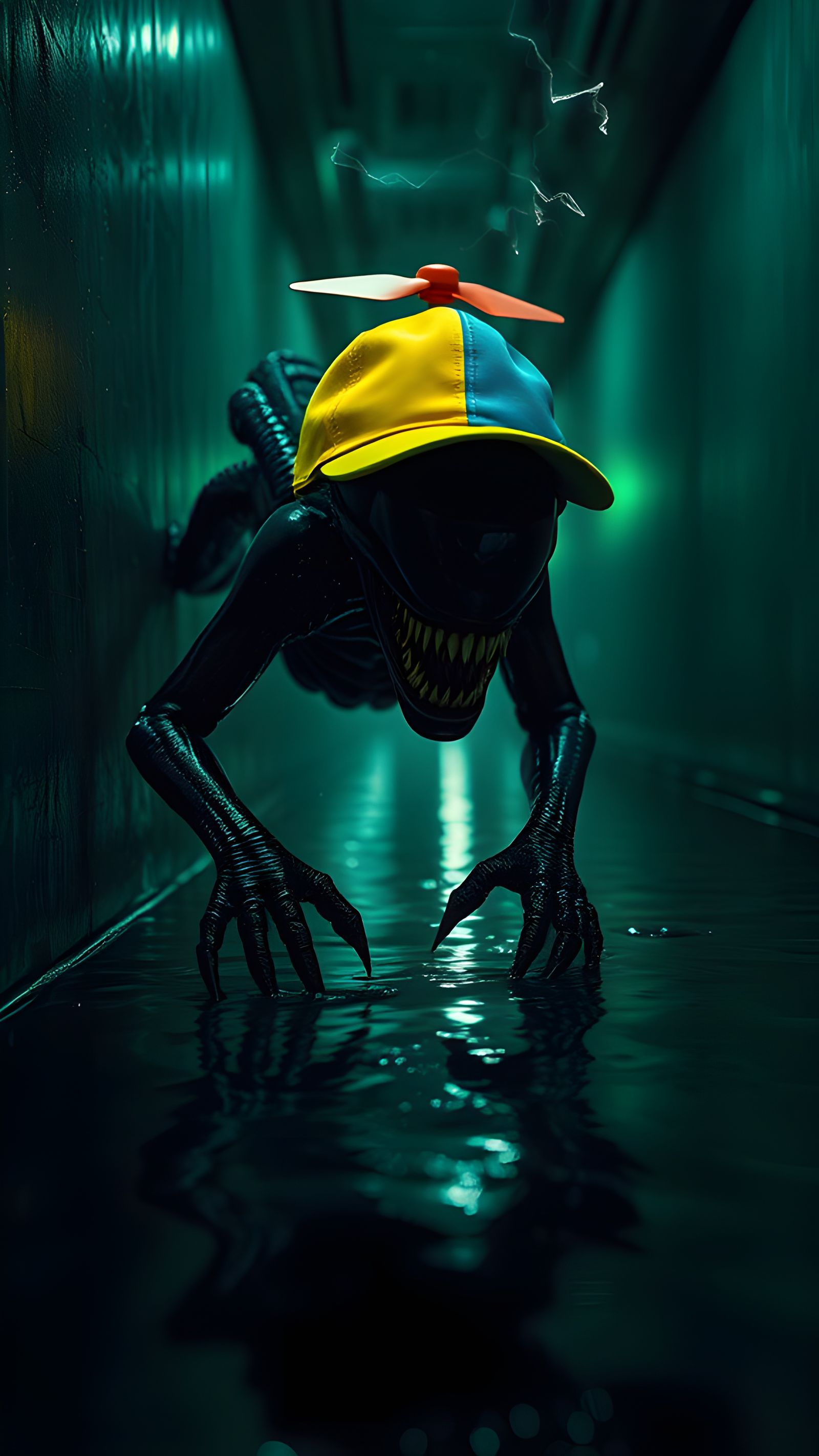 Alien Xenomorph with Propeller Hat in Sci-Fi Hallway