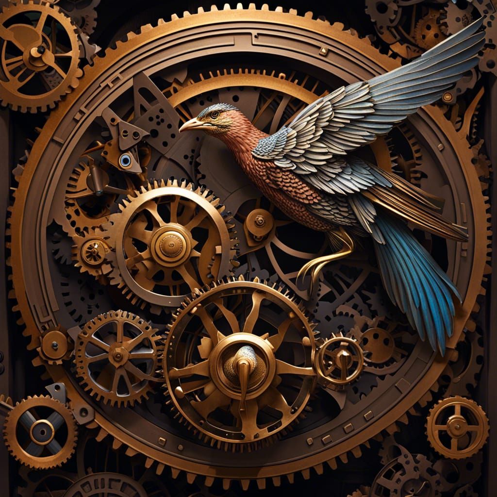 watercolor mechanical bird perched on a brass cog-laden branch.
