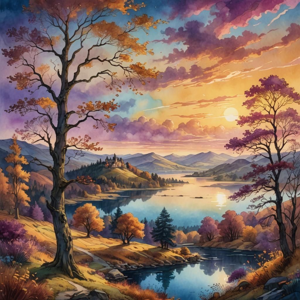 Autumn Landscape Sunset in Digital Watercolor Style