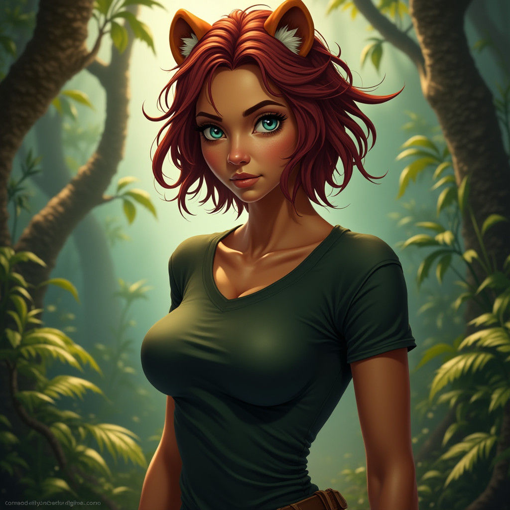 Lioness-Human Hybrid in Lush Jungle Environment