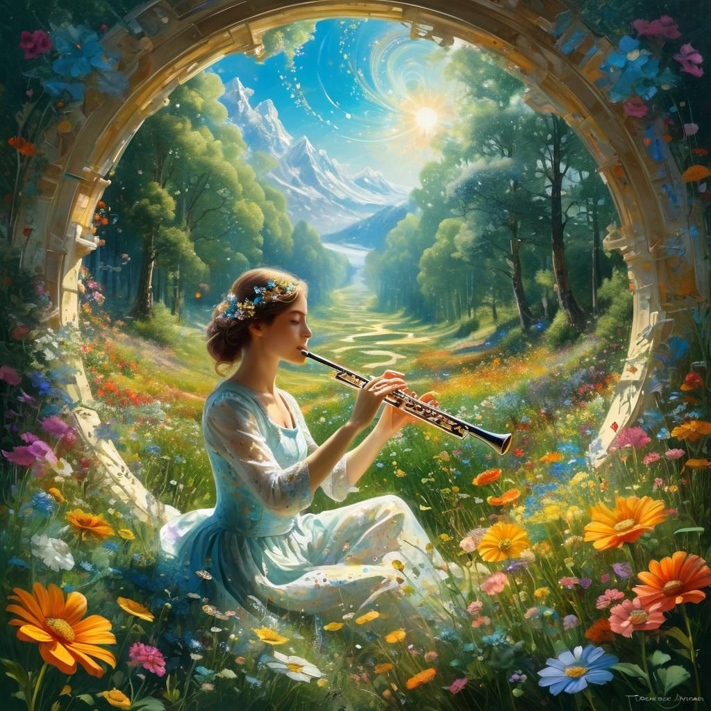 Flutist in Portal to Flowery Meadow, Art Nouveau Style