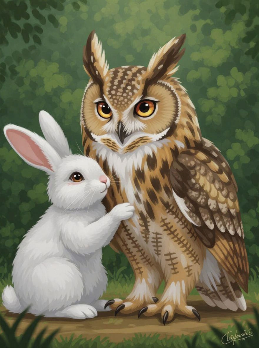 Great Horned Owl Seducing Angora Rabbit