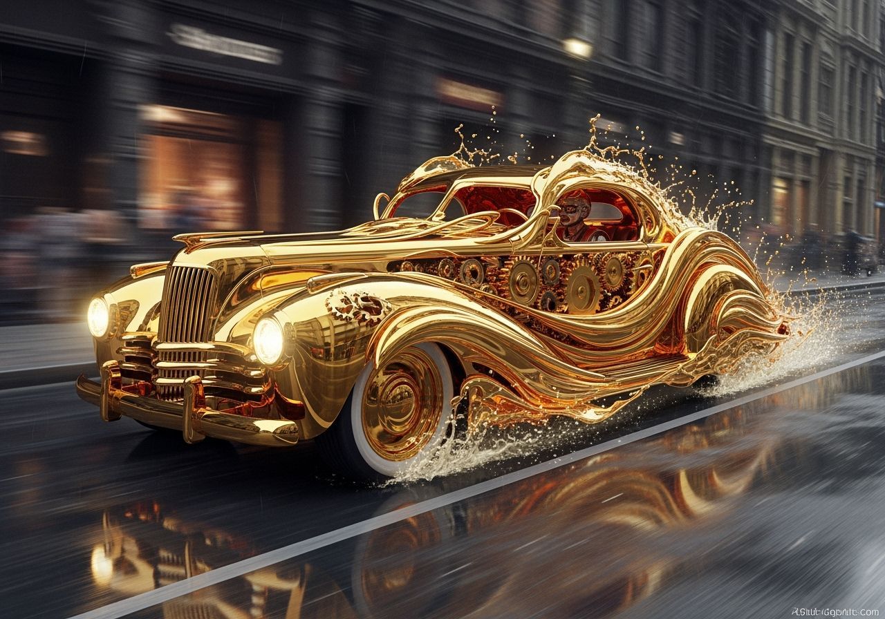 Golden Roadster Races Through Steampunk City