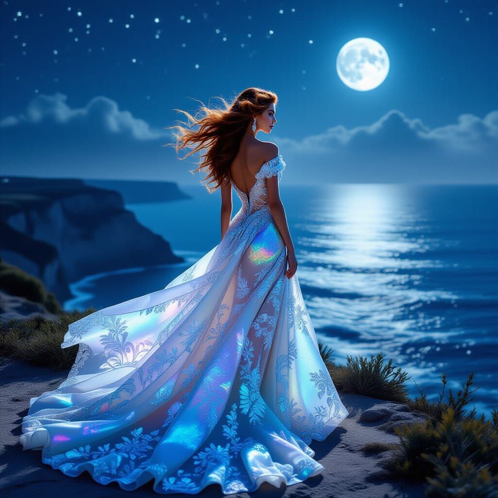 Glamorous Woman in Seashell Gown Under Moonlight