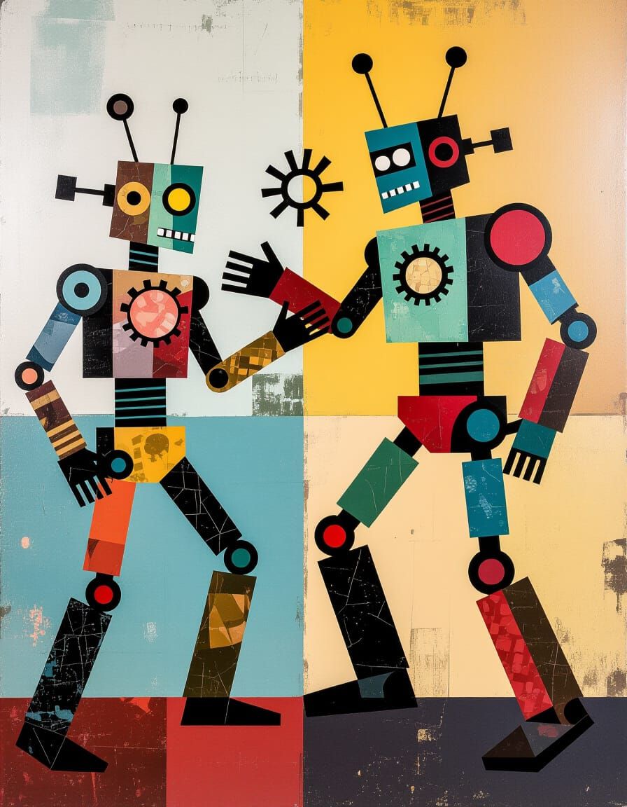 Steampunk Robot Duel in Ominous Action Painting Style