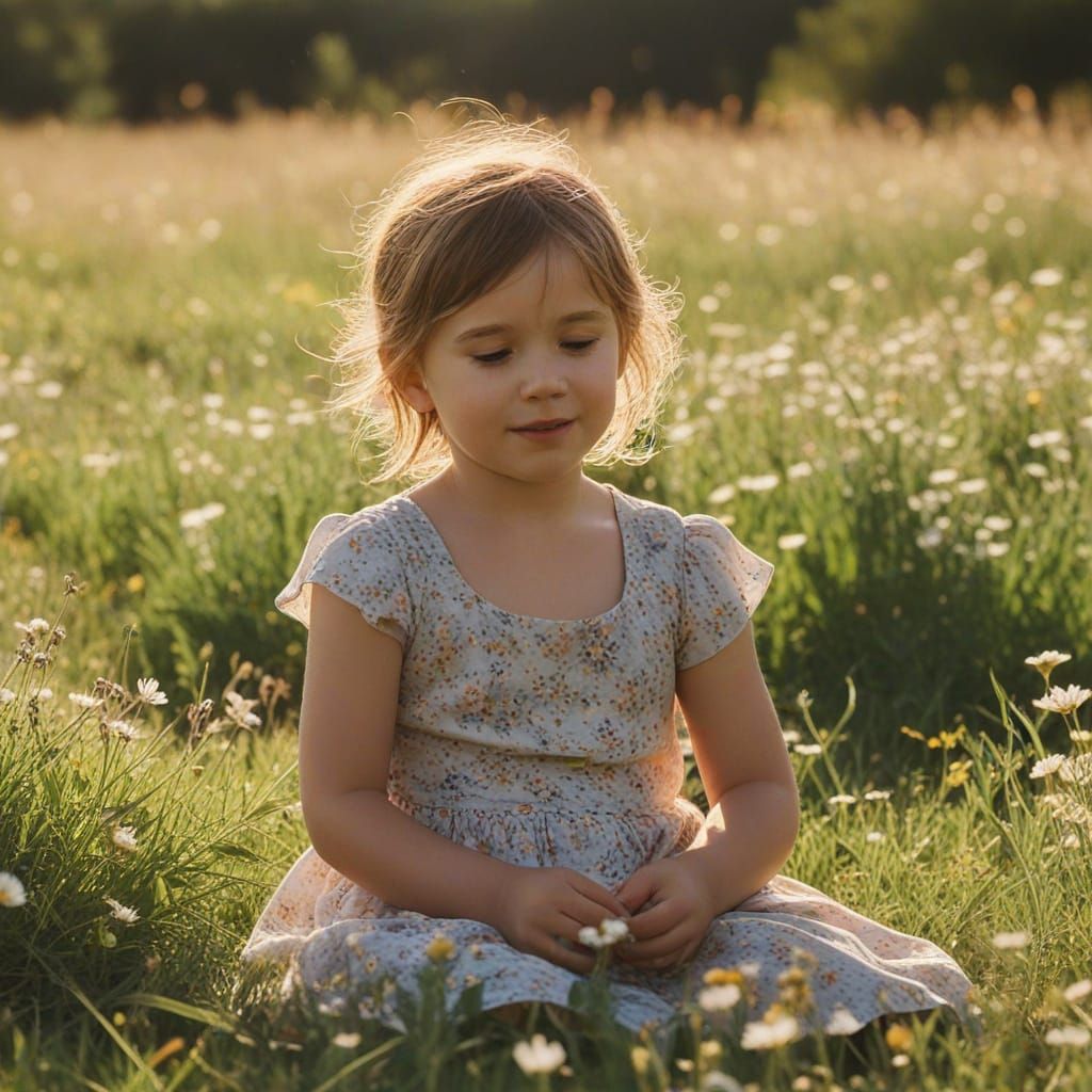 Child in Meadow: Impressionist Hyperrealism in Golden Light