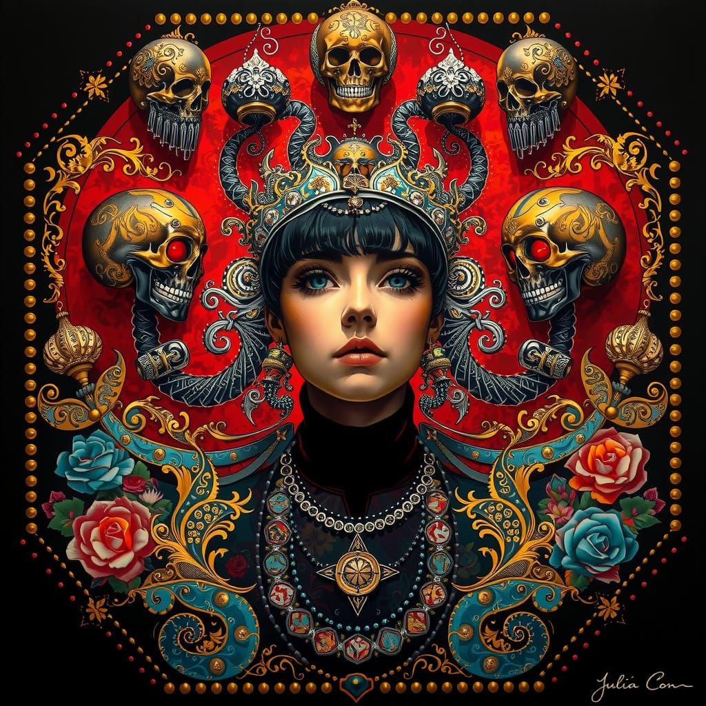 Detailed Red Fractal in Klimt and Mucha Style